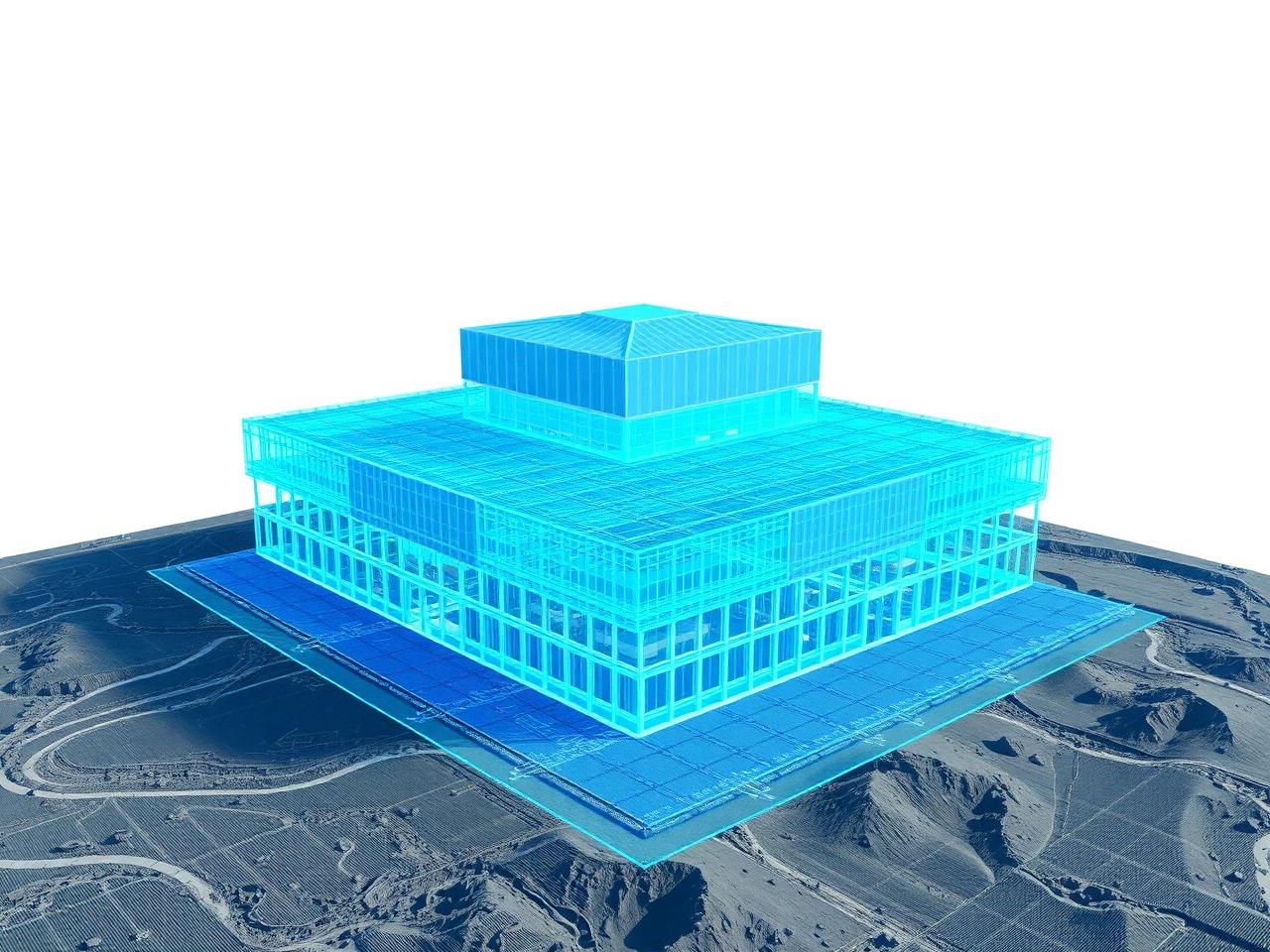 3D-modell av bygg og terreng